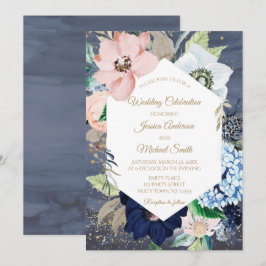 Dusty Blue Dusty Roos Gold Floral Weddencard Kaart
