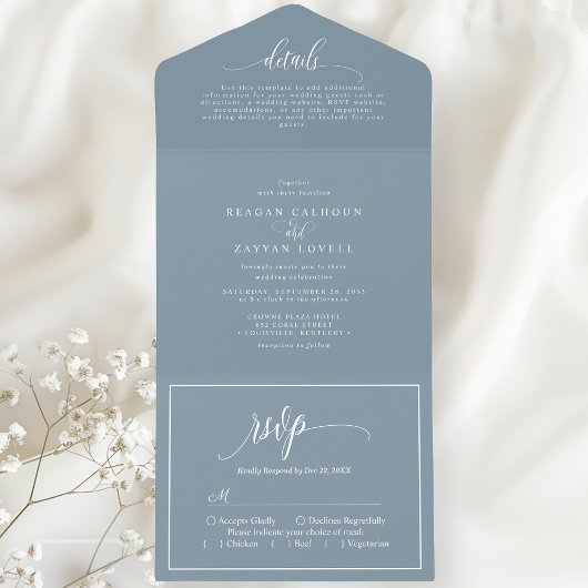 Dusty Blue Eenvoudig Modern Script All In One Uitnodiging