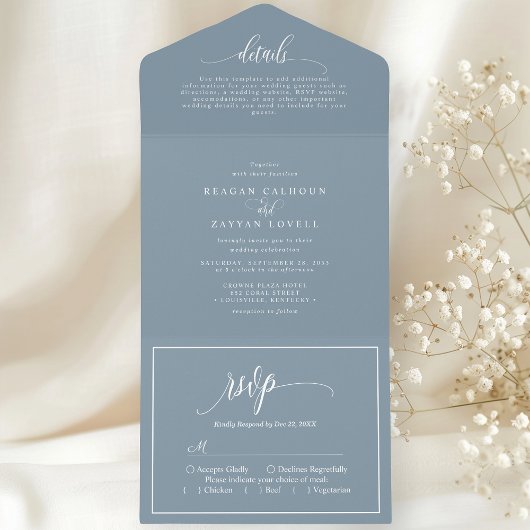 Dusty Blue Eenvoudig Modern Script All In One Uitnodiging