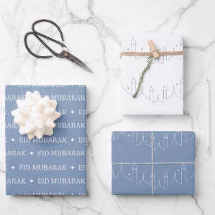 Dusty Blue Eid Mubarak Masjid Patroon Ontwerp Inpakpapier Vel