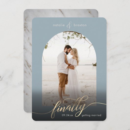 Dusty Blue, eindelijk getrouwd en venster foto Save The Date (Voorkant / Achterkant)