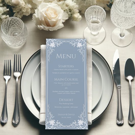 Dusty Blue Elegant Antiek Lijst Wedding Menu