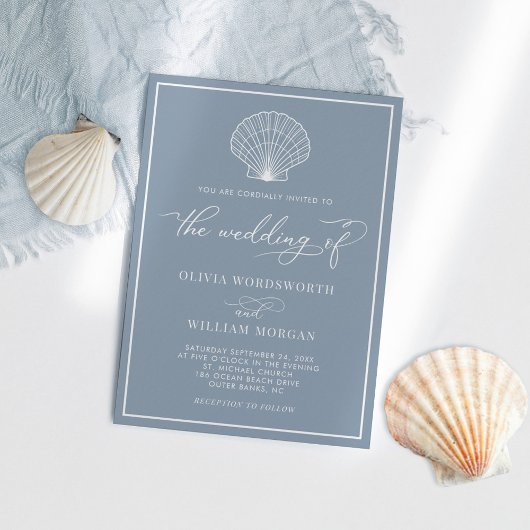 Dusty Blue Elegant Beach Seashell Wedding Kaart