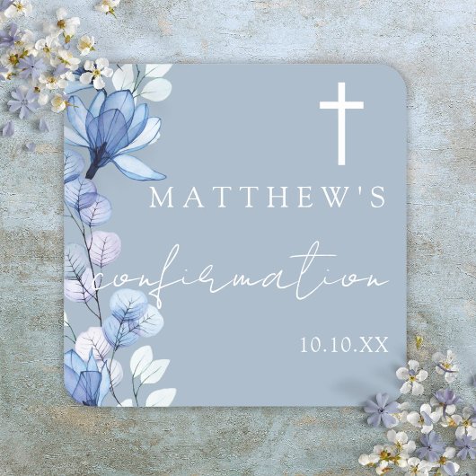 Dusty Blue Elegant Bloemen Bevestiging Vierkante Sticker