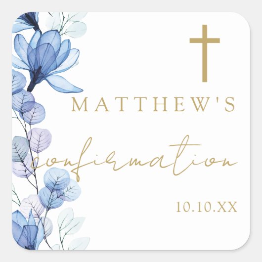 Dusty Blue Elegant Bloemen Bevestiging Vierkante Sticker (Voorkant)