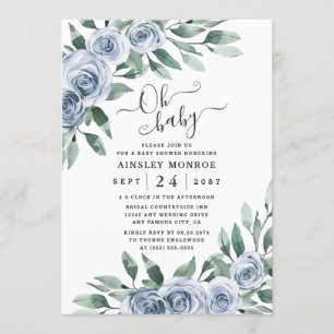 Dusty Blue Elegant Bloemen Boho Rustiek Baby showe Kaart