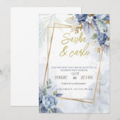 Dusty Blue Elegant Bloemen Bruiloft Uitnodigingska Kaart (Voorkant / Achterkant)