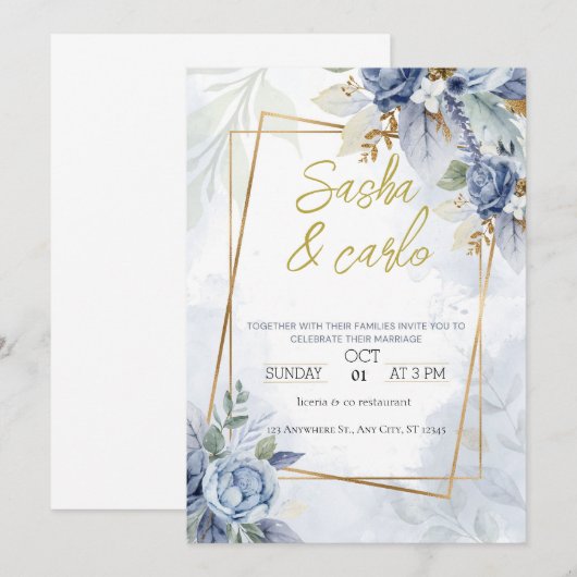 Dusty Blue Elegant Bloemen Bruiloft Uitnodigingska Kaart (Voorkant / Achterkant)