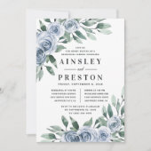 Dusty Blue Elegant Bloemen Rustiek Repetitie Diner Kaart (Voorkant)
