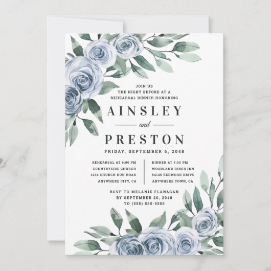 Dusty Blue Elegant Bloemen Rustiek Repetitie Diner Kaart (Voorkant)