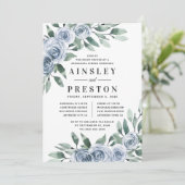 Dusty Blue Elegant Bloemen Rustiek Repetitie Diner Kaart (Staand voorkant)