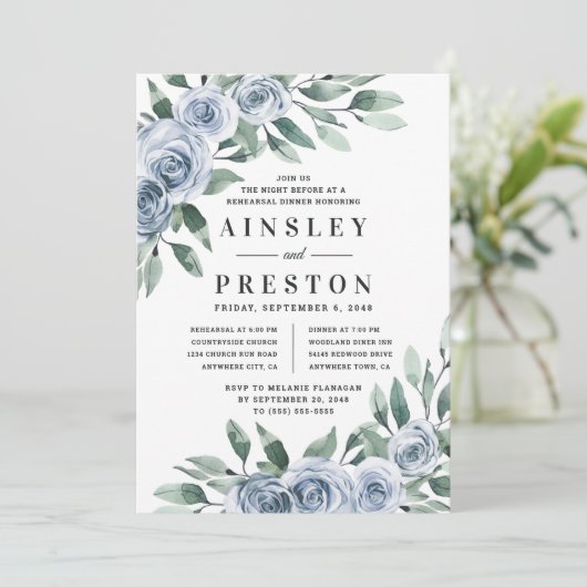 Dusty Blue Elegant Bloemen Rustiek Repetitie Diner Kaart (Staand voorkant)