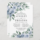 Dusty Blue Elegant Bloemen Rustiek Repetitie Diner Kaart (Voorkant / Achterkant)