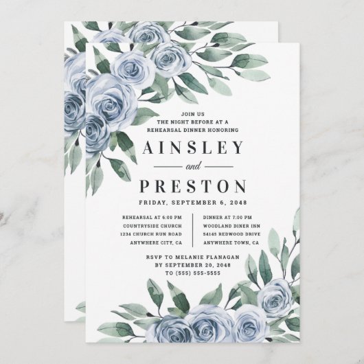 Dusty Blue Elegant Bloemen Rustiek Repetitie Diner Kaart (Voorkant / Achterkant)