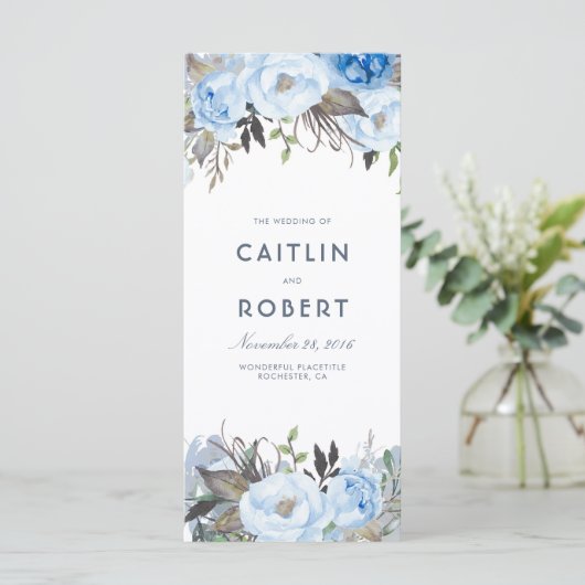 Dusty Blue Elegant Bloemen Trouwprogramma's Programmakaart (Staand voorkant)