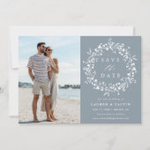 Dusty Blue Elegant Boho Wildflower bruiloft foto Save The Date (Voorkant)