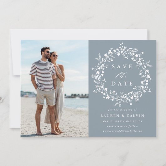 Dusty Blue Elegant Boho Wildflower bruiloft foto Save The Date (Voorkant)