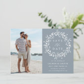 Dusty Blue Elegant Boho Wildflower bruiloft foto Save The Date (Staand voorkant)