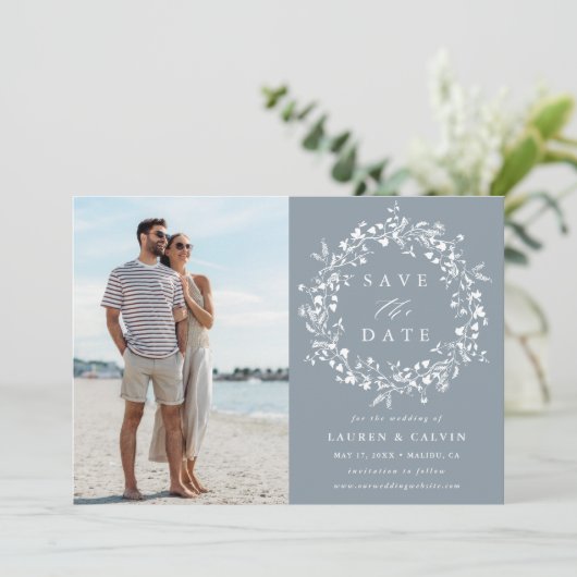 Dusty Blue Elegant Boho Wildflower bruiloft foto Save The Date (Staand voorkant)