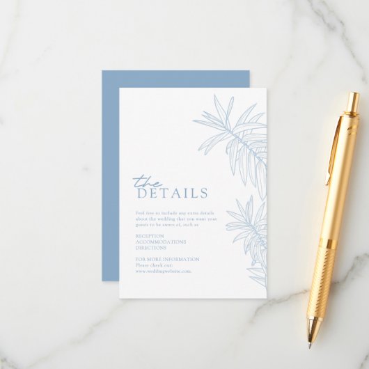 Dusty Blue Elegant Botanical Leaves Details Informatiekaartje (Voorkant / Achterkant in situ)