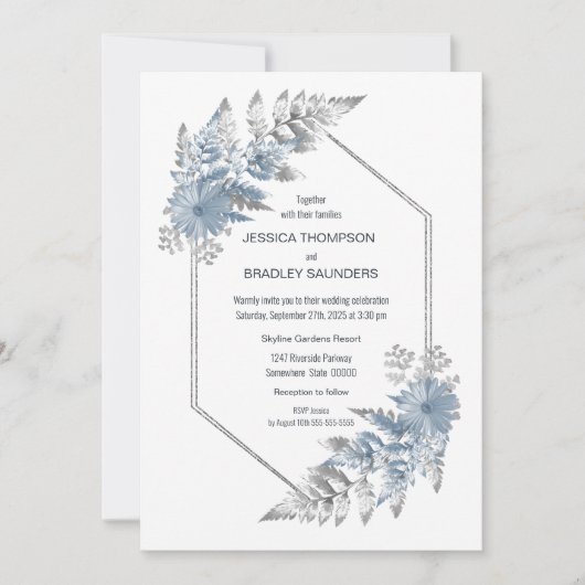 Dusty Blue Elegant Botanical Wedding Kaart (Voorkant)
