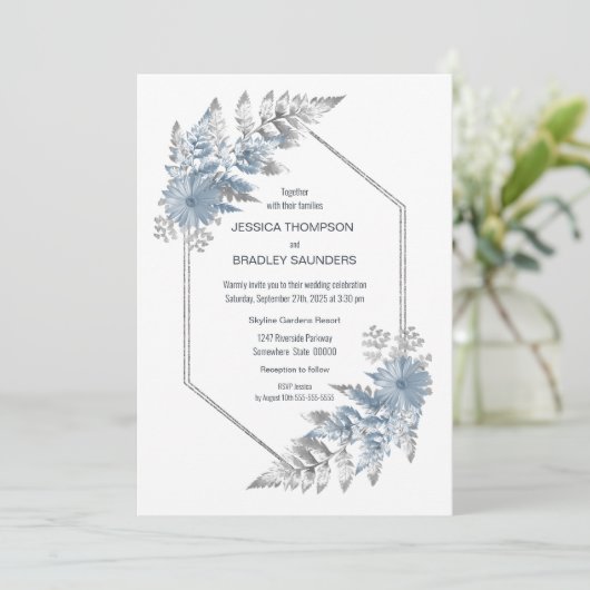 Dusty Blue Elegant Botanical Wedding Kaart (Staand voorkant)