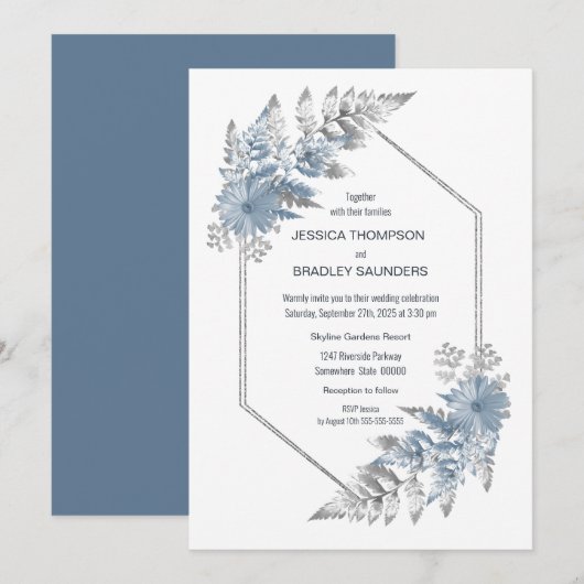 Dusty Blue Elegant Botanical Wedding Kaart (Voorkant / Achterkant)