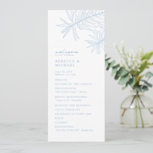 Dusty Blue Elegant Botanisch Trouwprogramma (Staand voorkant)