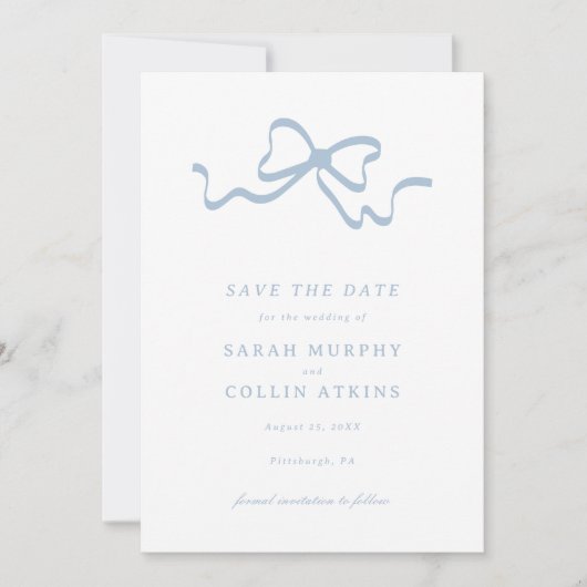 Dusty Blue Elegant Bow Save the Date Kaart (Voorkant)