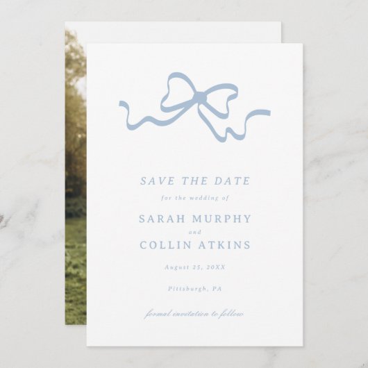 Dusty Blue Elegant Bow Save the Date Kaart (Voorkant / Achterkant)