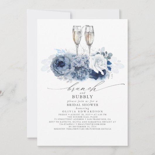 Dusty Blue Elegant Brunch en Bubble Vrijgezellenfe Kaart (Voorkant)
