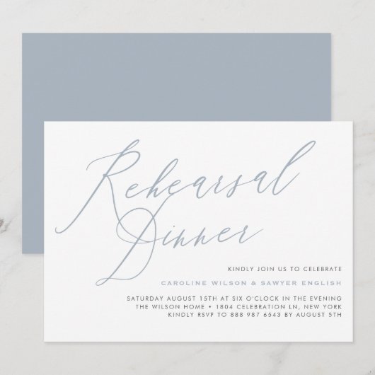 Dusty Blue Elegant Calligraphy repetitie diner Kaart (Voorkant / Achterkant)
