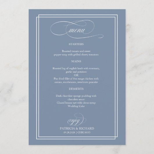 Dusty Blue Elegant Calligraphy Wedding Menu (Voorkant)