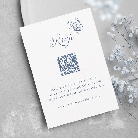 Dusty Blue Elegant Calligraphy Wedding QR Code RSVP Kaartje