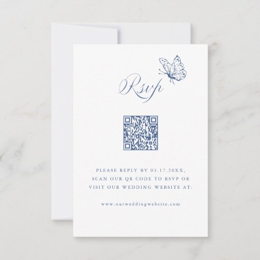Dusty Blue Elegant Calligraphy Wedding QR Code RSVP Kaartje (Voorkant)