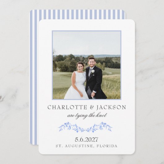 Dusty Blue Elegant Classic Floral with Photo Save The Date (Voorkant / Achterkant)