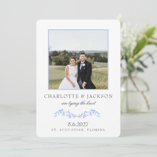 Dusty Blue Elegant Classic Floral with Photo Save The Date (Staand voorkant)