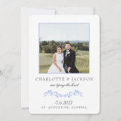 Dusty Blue Elegant Classic Floral with Photo Save The Date (Voorkant)