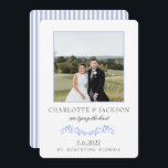 Dusty Blue Elegant Classic Floral with Photo Save The Date<br><div class="desc">Dusty Blue Delicate Elegant Classic Floral Save the Date. In deze waterverf, waarop de datum niet is vermeld, staan gevoelige blauwe bloemen en strepen op de achterzijde van de kaart waarop u de datum kunt bewaren. Deze suite is perfect voor de bruid met een feministische stijl, maar wil een schone...</div>