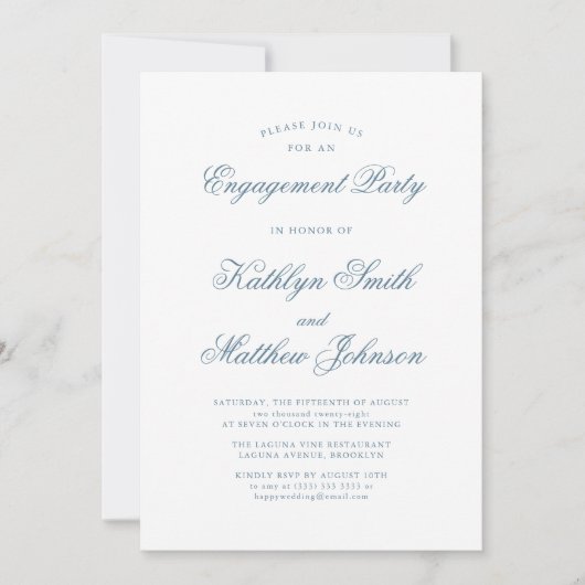 Dusty Blue Elegant Classic Script Engagement Party Kaart (Voorkant)