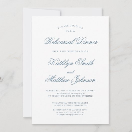 Dusty Blue Elegant Classic Script repetitie diner Kaart (Voorkant)