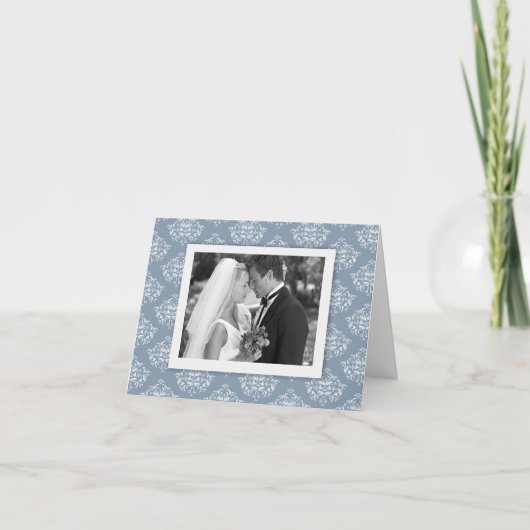 Dusty Blue Elegant Damask Foto Hartelijk dank! Bedankkaart (Voorkant)
