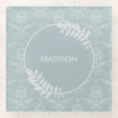 Dusty Blue Elegant Damask, gepersonaliseerd Glazen Onderzetter (Voorkant)