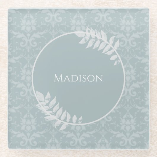 Dusty Blue Elegant Damask, gepersonaliseerd Glazen Onderzetter (Voorkant)