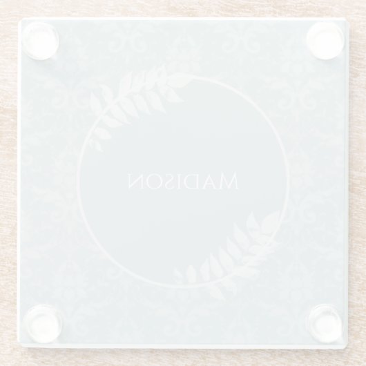 Dusty Blue Elegant Damask, gepersonaliseerd Glazen Onderzetter (Achterkant)