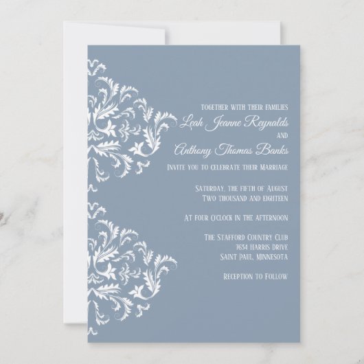 Dusty Blue Elegant Damask Invitation Kaart (Voorkant)