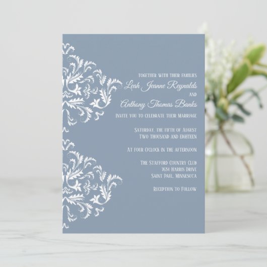Dusty Blue Elegant Damask Invitation Kaart (Staand voorkant)