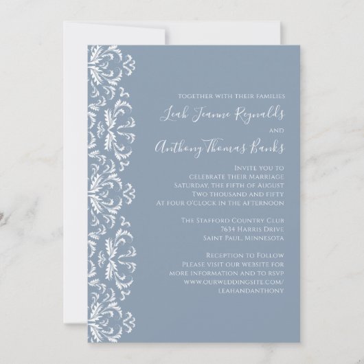 Dusty Blue Elegant Damask Invitation Kaart (Voorkant)