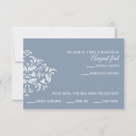 Dusty Blue Elegant Damask RSVP-kaart RSVP Kaartje (Voorkant)