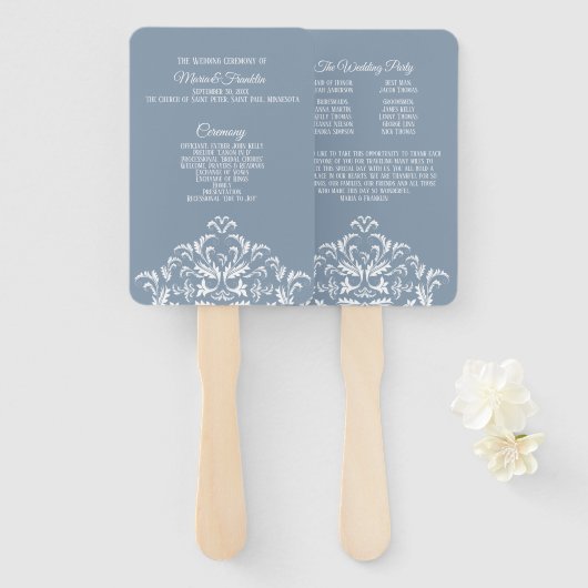 Dusty Blue Elegant Damask Wedding Program Fan Handwaaier (Voorkant en achterkant)